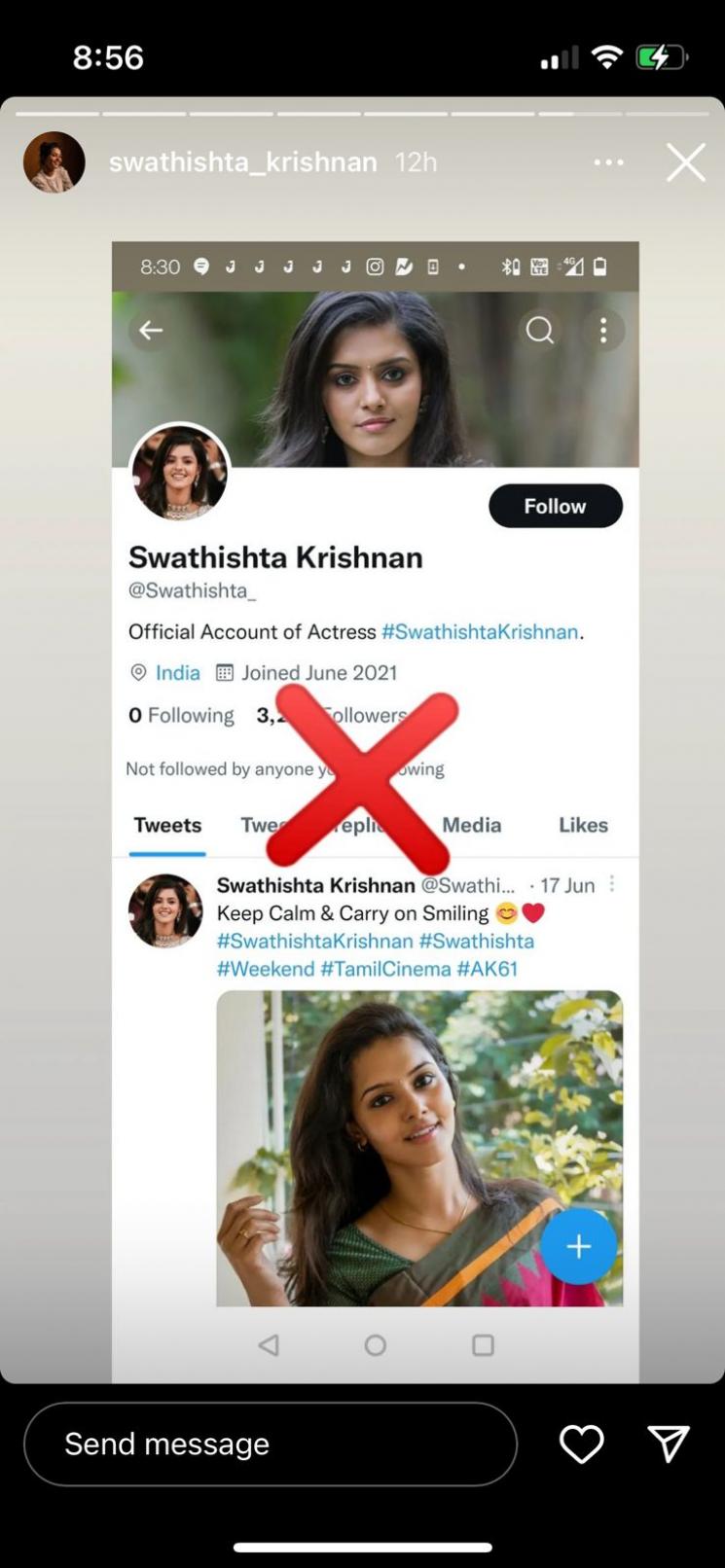 vikram movie actress swathishta krishnan alert fans about twitter fake accounts